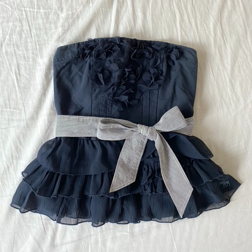 RARE Vintage Black Ruffle Floral Strapless Top size S